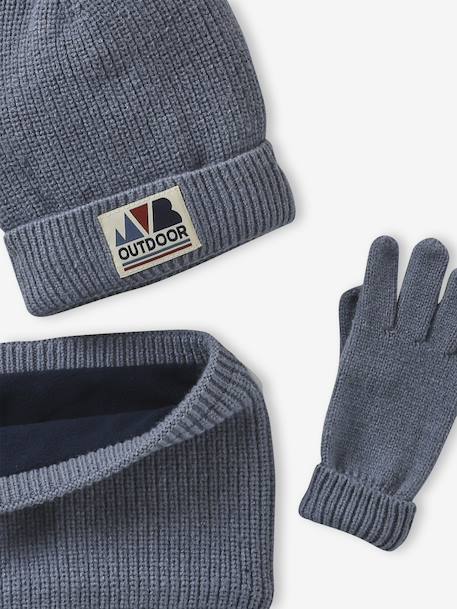 Boys' beanie + snood + mittens/gloves 'Outdoor' set grey blue+khaki - vertbaudet enfant 