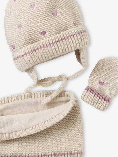 Ensemble bébé bonnet, snood et moufles coeurs beige doré - vertbaudet enfant 