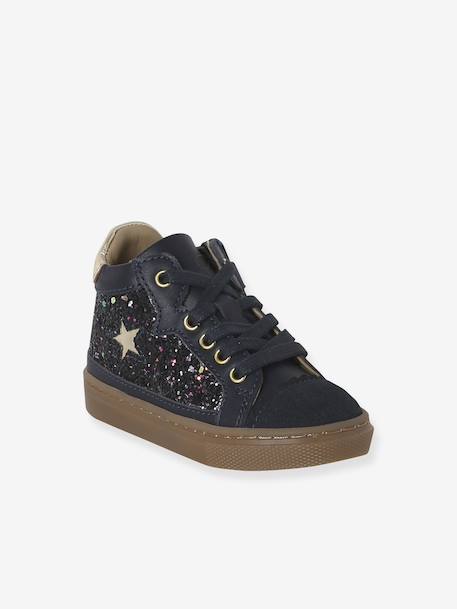 Lace-up and elasticated high-top leather trainers for babies navy blue - vertbaudet enfant 