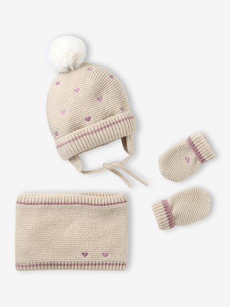 Embroidered heart set with beanie, snood and baby mittens golden beige - vertbaudet enfant 