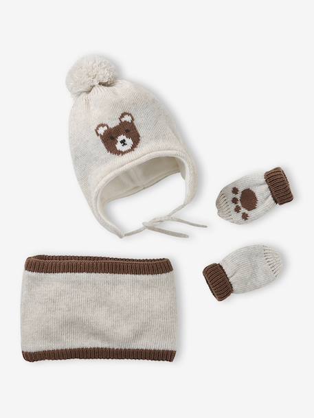 Chullo Jacquard Bear Hat, Snood & Mittens Set marl beige - vertbaudet enfant 
