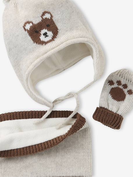 Chullo Jacquard Bear Hat, Snood & Mittens Set marl beige - vertbaudet enfant 