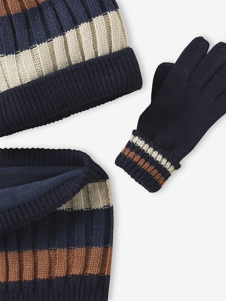 Tricolour Set for Boys: Beanie + Snood + Mittens/Gloves night blue - vertbaudet enfant 