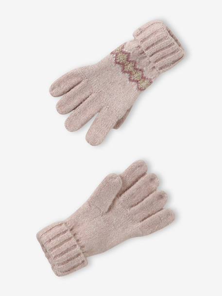 Girl's jacquard set: beanie + snood + mittens/gloves ecru+rose - vertbaudet enfant 