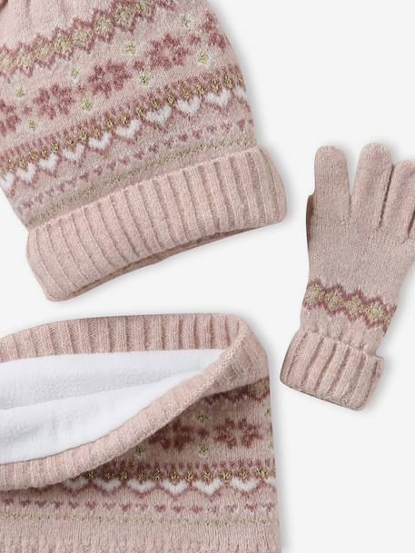 Girl's jacquard set: beanie + snood + mittens/gloves ecru+rose - vertbaudet enfant 