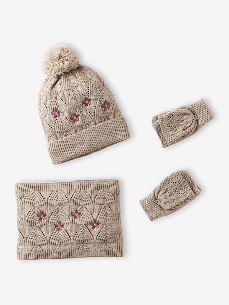 Embroidered set for girls: beanie + snood + open knit mittens/gloves golden beige - vertbaudet enfant 
