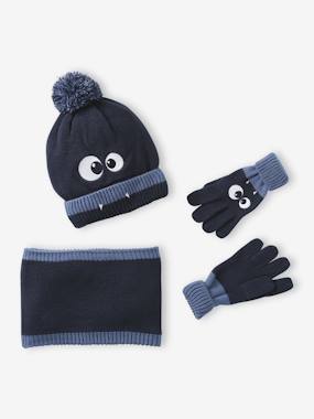 -Ensemble garçon bonnet + snood + moufles/gants « Monstre »