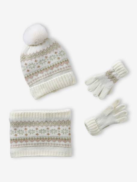 Girl's jacquard set: beanie + snood + mittens/gloves ecru+rose - vertbaudet enfant 