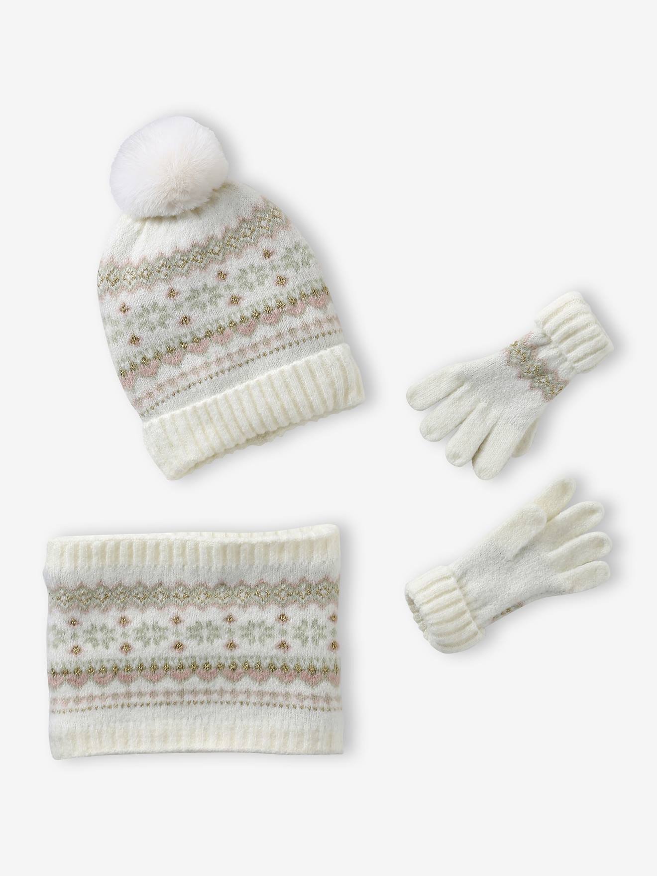 Ensemble Jacquard Fille VERTBAUDET - Bonnet + Snood + Moufles/gants, Doublure Polaire, Motifs Dorés