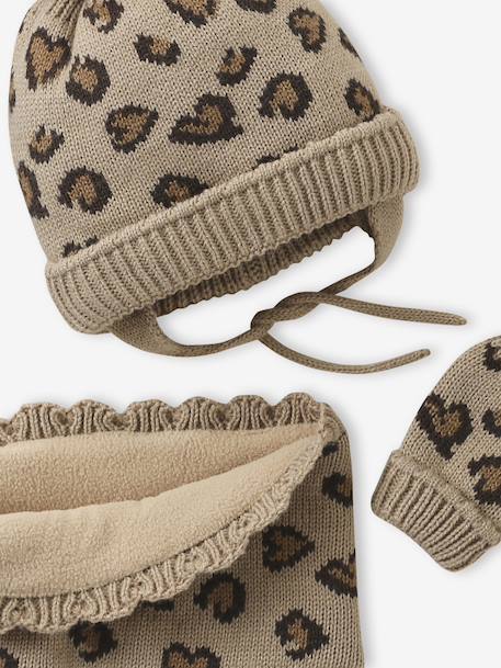 Leopard Heart Beanie, Snood & Mittens Set for Babies taupe - vertbaudet enfant 