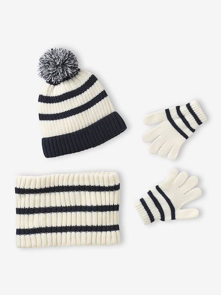 Ensemble rayé garçon bonnet + snood + moufles/gants écru - vertbaudet enfant 