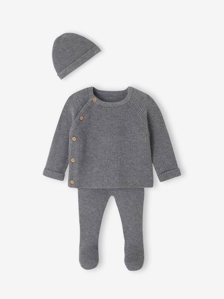 Set of 3 Knitted Items for Newborns: Cardigan + Trousers + Beanie marl grey+rose - vertbaudet enfant 