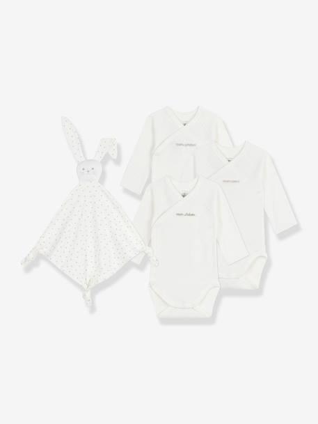 Set of 3 Embroidered Cotton Bodysuits & Rabbit Comforter for Newborns, PETIT BATEAU ecru - vertbaudet enfant 