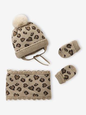 Ensemble léopard coeurs bonnet, snood et moufles bébé - vertbaudet enfant Bébé-Accessoires-Bonnet, écharpe, gants-Ensemble léopard coeurs bonnet, snood et moufles bébé