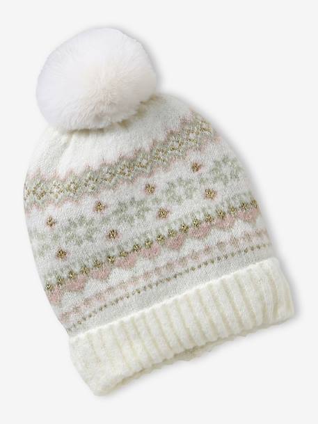 Girl's jacquard set: beanie + snood + mittens/gloves ecru+rose - vertbaudet enfant 