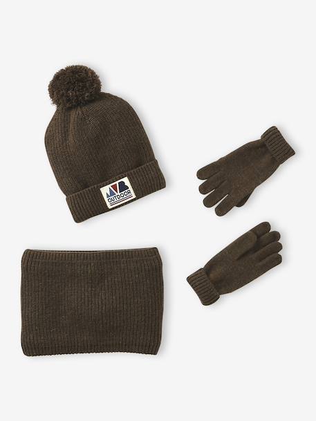 Ensemble garçon bonnet + snood + moufles/gants « Outdoor » bleu grisé+kaki - vertbaudet enfant 