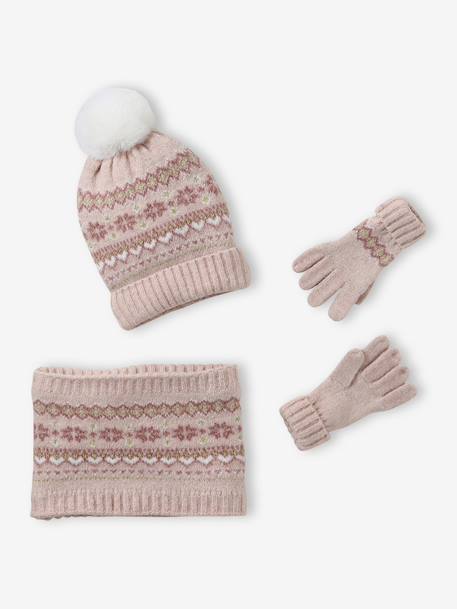 Ensemble jacquard fille bonnet + snood + moufles/gants écru+rose - vertbaudet enfant 
