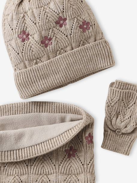 Embroidered set for girls: beanie + snood + open knit mittens/gloves golden beige - vertbaudet enfant 