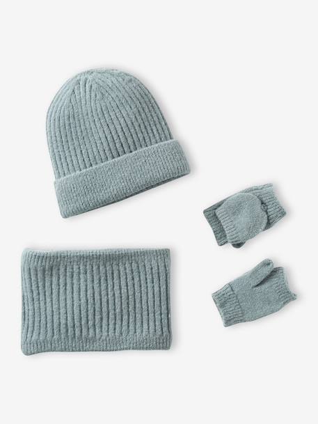 Ensemble fille bonnet + snood + moufles/mitaines vert sauge - vertbaudet enfant 