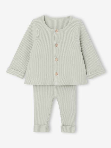 Ensemble bébé mixte gilet pantalon en tricot blanc+gris clair chiné+vert d'eau+vert sauge - vertbaudet enfant 