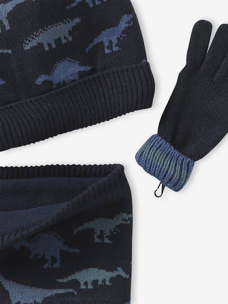 'Dinos' Beanie + Snood + Mittens/Gloves Set for Boys navy blue - vertbaudet enfant 