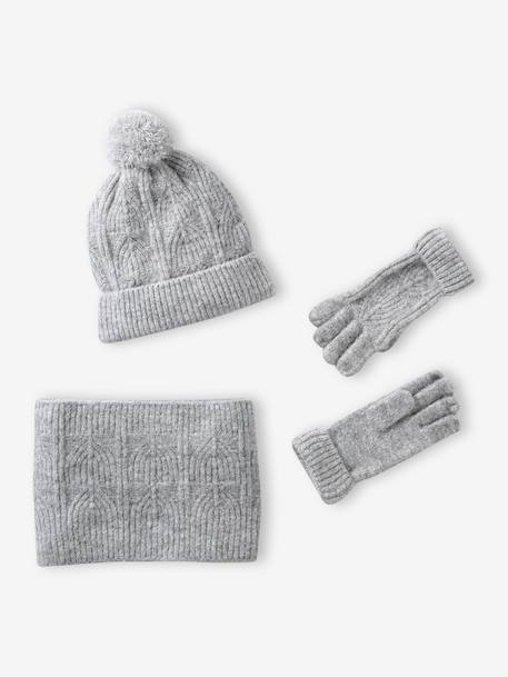 Beanie + Snood + Mittens Set in Shimmering Cable-Knit marl grey+PINK MEDIUM SOLID - vertbaudet enfant 