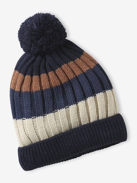 Ensemble tricolore garçon bonnet + snood + moufles/gants bleu nuit - vertbaudet enfant 