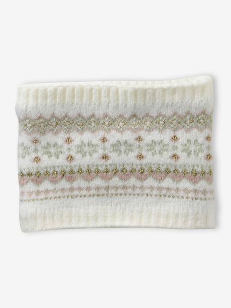 Girl's jacquard set: beanie + snood + mittens/gloves ecru+rose - vertbaudet enfant 