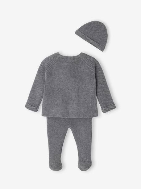 Set of 3 Knitted Items for Newborns: Cardigan + Trousers + Beanie marl grey+rose - vertbaudet enfant 