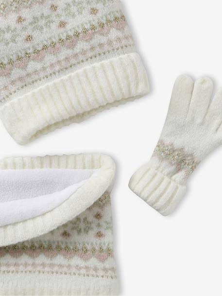 Girl's jacquard set: beanie + snood + mittens/gloves ecru+rose - vertbaudet enfant 