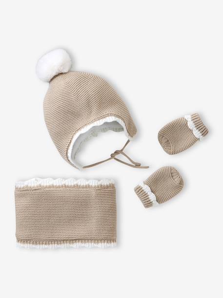 Scalloped Beanie, Snood & Mittens Set for Babies marl beige - vertbaudet enfant 