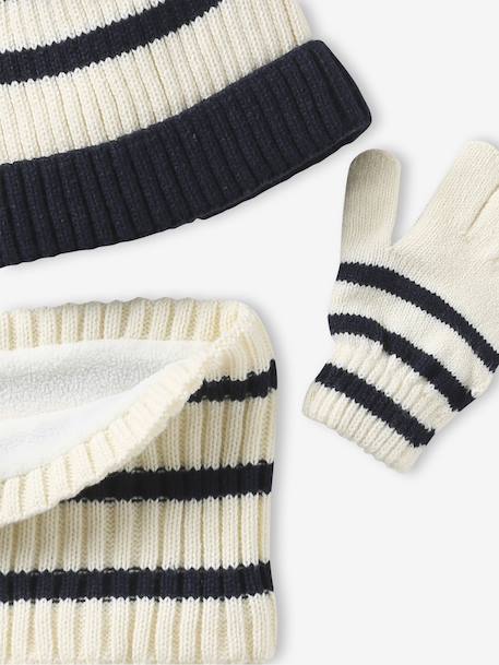 Striped set for boys: beanie + snood + mittens/gloves ecru - vertbaudet enfant 