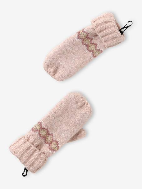 Girl's jacquard set: beanie + snood + mittens/gloves ecru+rose - vertbaudet enfant 
