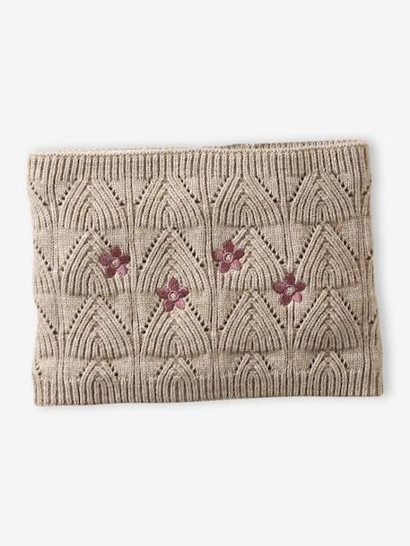 Embroidered set for girls: beanie + snood + open knit mittens/gloves golden beige - vertbaudet enfant 