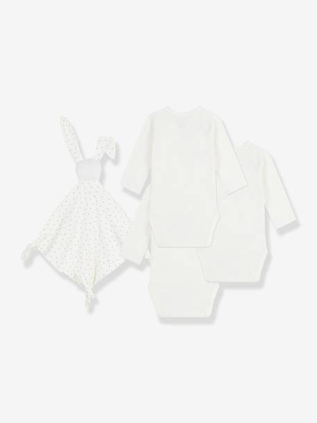 Set of 3 Embroidered Cotton Bodysuits & Rabbit Comforter for Newborns, PETIT BATEAU ecru - vertbaudet enfant 
