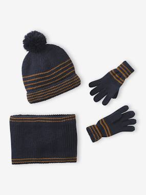 -Ensemble rayé garçon bonnet + snood + moufles/gants