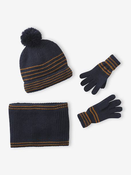 Ensemble rayé garçon bonnet + snood + moufles/gants bleu chambray+kaki - vertbaudet enfant 