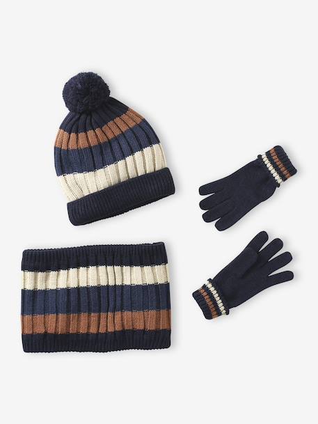 Tricolour Set for Boys: Beanie + Snood + Mittens/Gloves night blue - vertbaudet enfant 