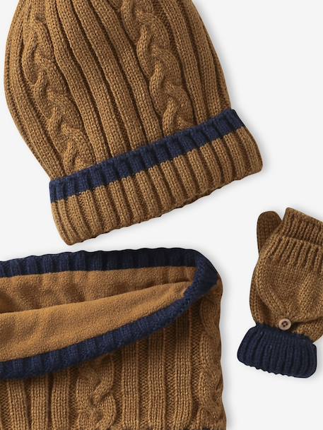 Boy's twisted set: beanie + snood + mittens/gloves ochre - vertbaudet enfant 