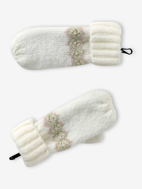 Girl's jacquard set: beanie + snood + mittens/gloves ecru+rose - vertbaudet enfant 
