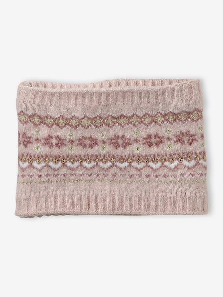 Girl's jacquard set: beanie + snood + mittens/gloves ecru+rose - vertbaudet enfant 