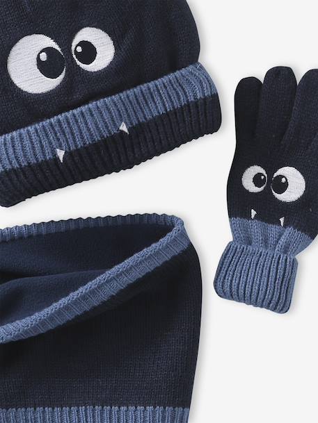 Boys' beanie + snood + mittens/gloves 'Monster' set navy blue - vertbaudet enfant 