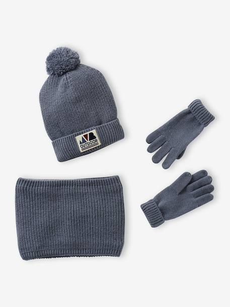 Boys' beanie + snood + mittens/gloves 'Outdoor' set grey blue+khaki - vertbaudet enfant 