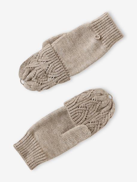 Embroidered set for girls: beanie + snood + open knit mittens/gloves golden beige - vertbaudet enfant 