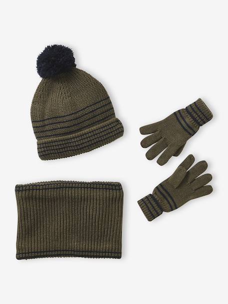 Striped Set for Boys: Beanie + Snood + Mittens/Gloves chambray blue+khaki - vertbaudet enfant 