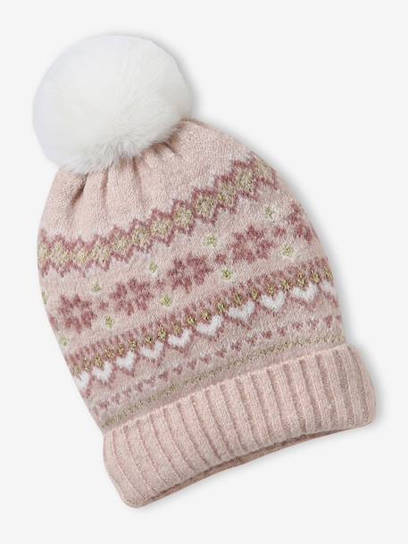 Ensemble jacquard fille bonnet + snood + moufles/gants écru+rose - vertbaudet enfant 