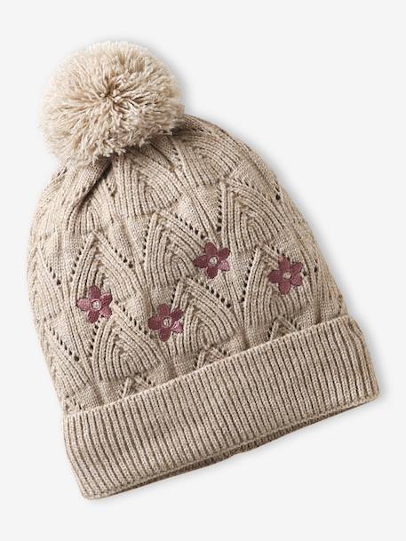 Embroidered set for girls: beanie + snood + open knit mittens/gloves golden beige - vertbaudet enfant 