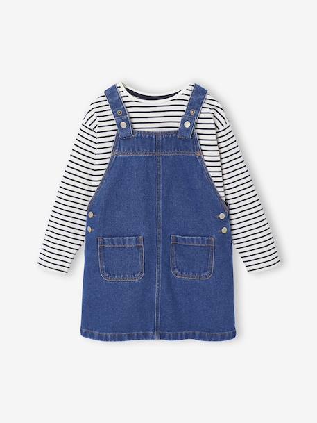 Denim Dungaree Dress & Striped T-Shirt Set for Girls medium blue - vertbaudet enfant 