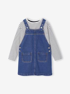 -Ensemble fille robe salopette jean et tee shirt rayé 