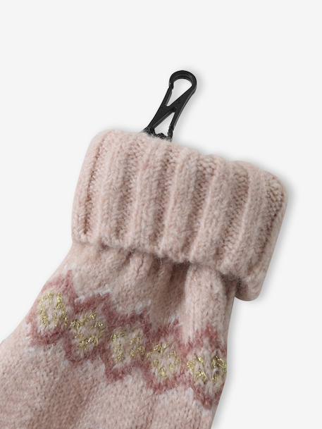 Girl's jacquard set: beanie + snood + mittens/gloves ecru+rose - vertbaudet enfant 